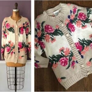 Floral Knit Vintage Long Cardigan Sweater - Cream and Pink L-XL